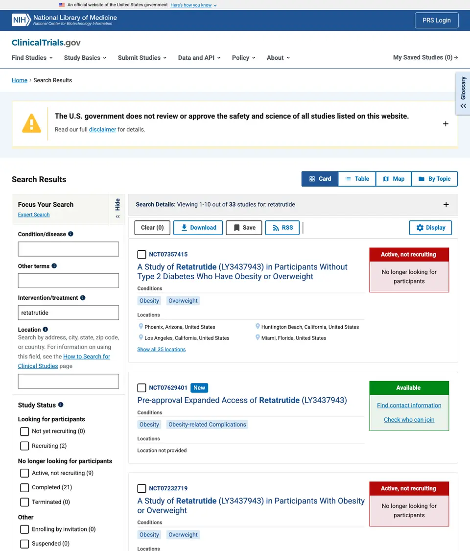 Screenshot of the ClinicalTrials.gov results page listing 33 retatrutide studies