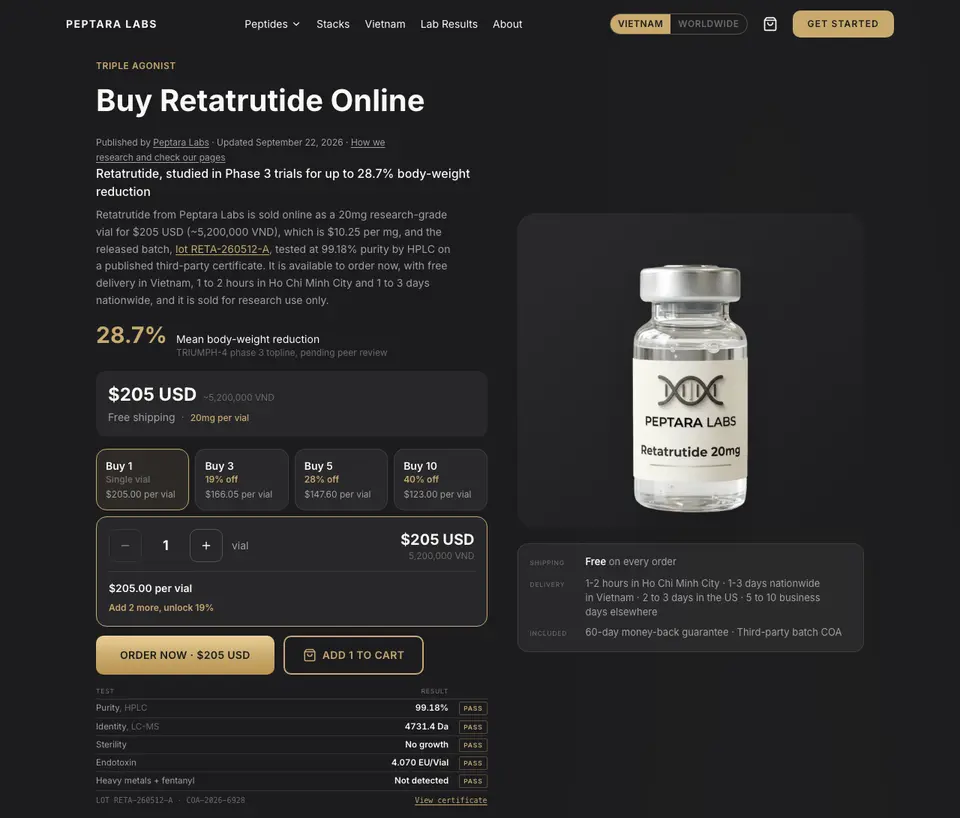 Screenshot of the Peptara Labs retatrutide page with the 20mg vial, the price and the multi-vial discounts
